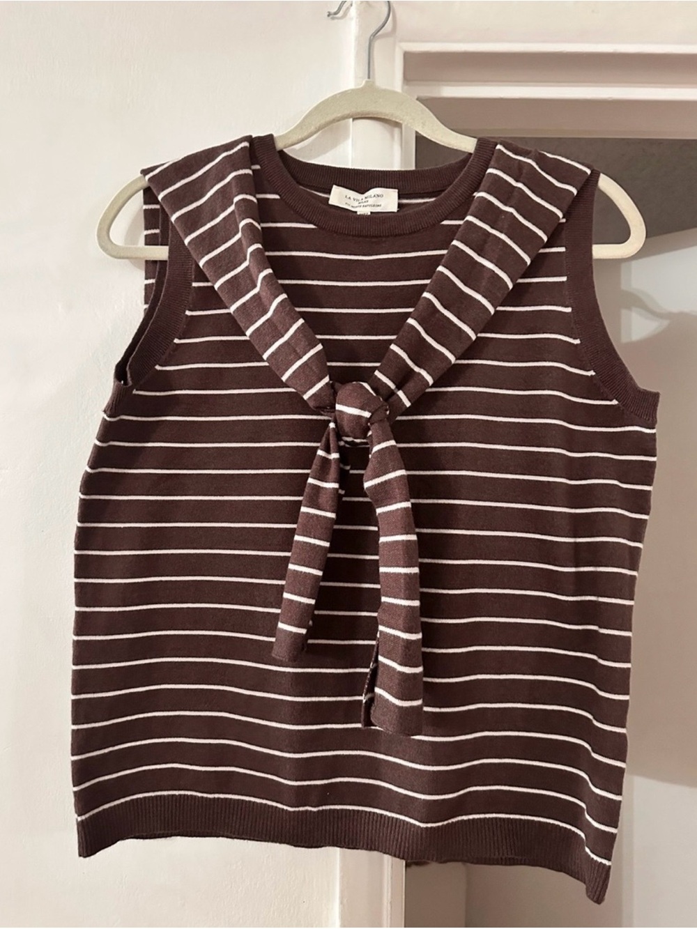Striped Sleeveless Knit Tank with Front Tie - Brown/White